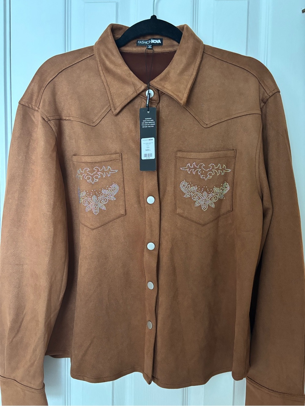 Fashion Nova Tan Faux Suede Western Snap Jacket with Embellished Pockets